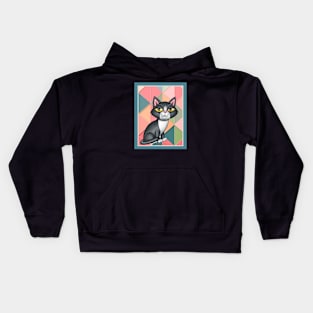 Black white kitty cat on art deco in greens and orange Kids Hoodie